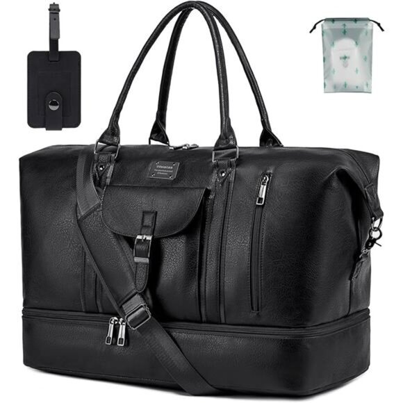 Leather Travel Duffel Bag for Women Men, Large Weekender Overnight Bag